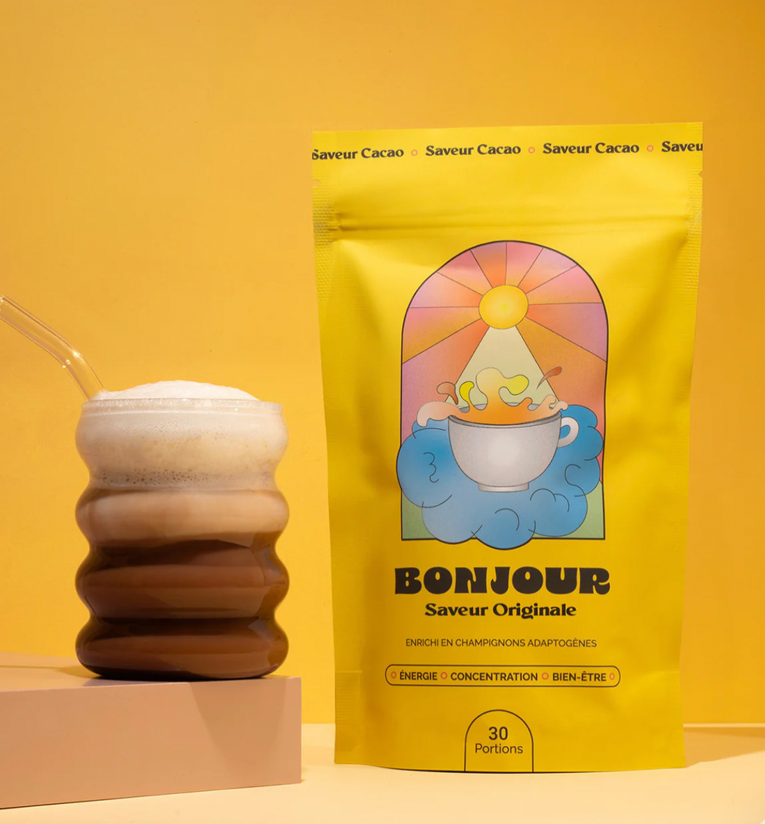 Bonjour Gourmet Chocolate Functional Mushroom Hot Chocolate canister - premium cocoa blend with adaptogenic mushrooms for stress relief