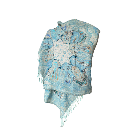 AISHITERU - Celestia Embroidered Wool Shawl - Tranquil blue elegance, cozy luxury 🌊✨