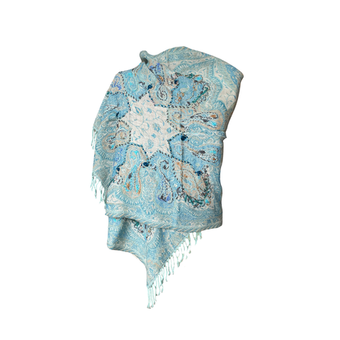 AISHITERU - Celestia Embroidered Wool Shawl - Tranquil blue elegance, cozy luxury 🌊✨