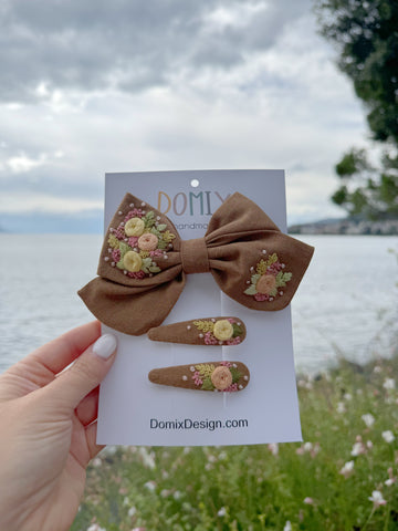 Vintage Style Linen Hair Bow and Matching Clips