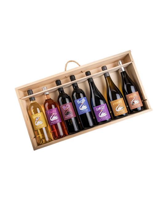 SwanWine - Artistic Wine Collection - 7 Broods in a Wooden Box 🍷🎨 - A Masterpiece of Art and Wine!