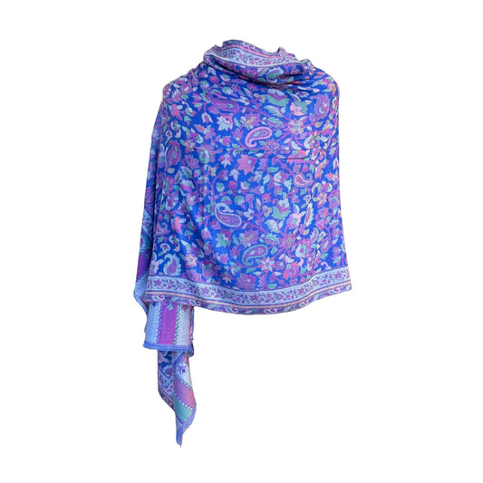AISHITERU - Vireya Kani Cashmere Shawl - Royal Blue Floral Elegance ✨💎