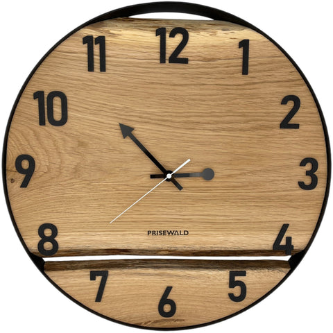 Runde Wanduhr aus Eichenholz, 50 cm, schwarzer Rahmen, arabische Ziffern, klassische Uhr