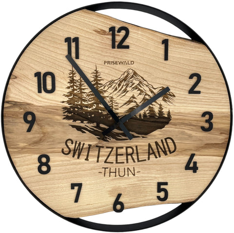 Runde Wanduhr aus Eschenholz, 50 cm, schwarzer Rahmen, arabische Ziffern, Berge und Wald, SWITZERLAND - THUN