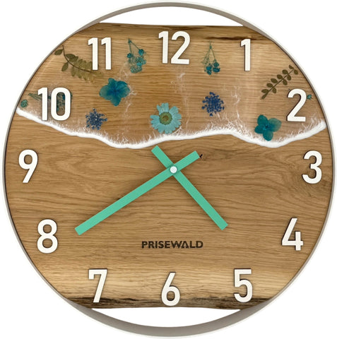Runde Wanduhr aus Eichenholz, 35 cm, weisser Rahmen, arabische Ziffern, Durchsichtiges Epoxidharz, Blumen
