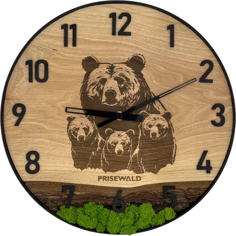 Runde Wanduhr aus Eichenholz, 35 cm, schwarzer Rahmen, arabische Ziffern, grünes Moos, Bären