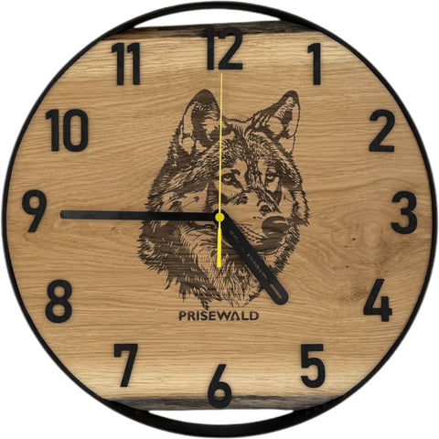Runde Wanduhr aus Eichenholz, 35 cm, schwarzer Rahmen, arabische Ziffern, Wolf