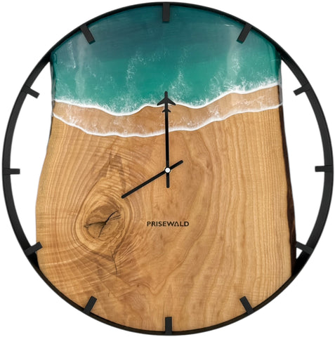 Runde Wanduhr aus Eschenholz, 50 cm, schwarzer Rahmen, Teilstriche Ziffern, türkises Epoxidharz
