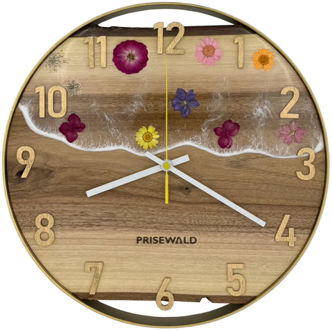 Runde Wanduhr aus Walnussholz, 35 cm, goldener Rahmen, arabische Ziffern, Durchsichtiges Epoxidharz, Blumen