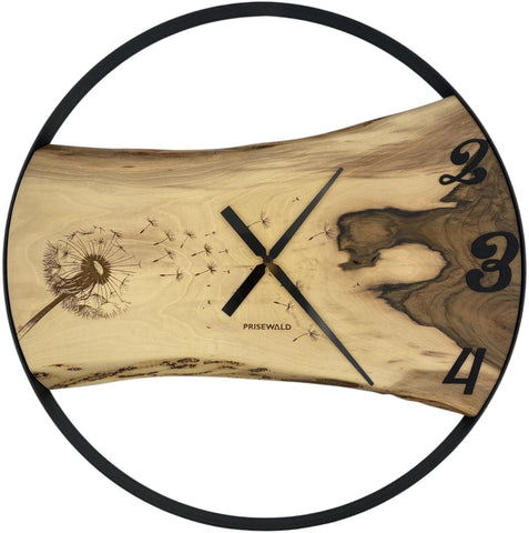 Runde Wanduhr aus Walnussholz, 70 cm, schwarzer Rahmen, arabische Ziffern, Löwenzahn
