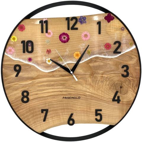 Runde Wanduhr aus Eschenholz, 50 cm, schwarzer Rahmen, arabische Ziffern, Durchsichtiges Epoxidharz, Blumen