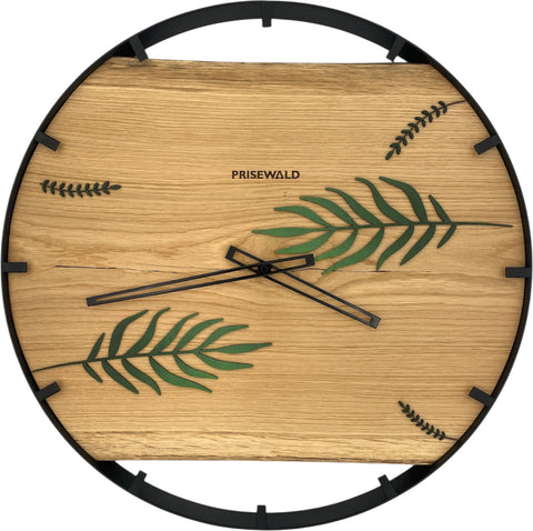 Runde Wanduhr aus Eichenholz, 50 cm, schwarzer Rahmen, Teilstriche Ziffern, Pflanzen