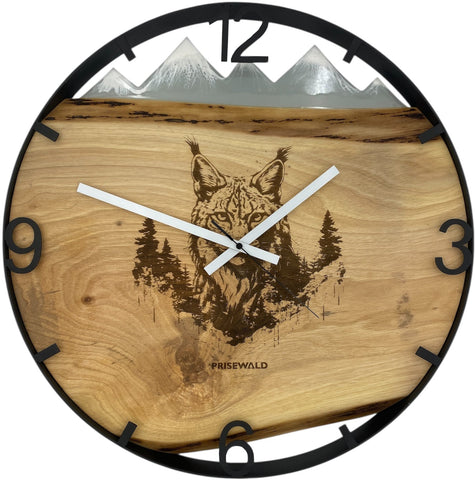 Runde Wanduhr aus Walnussholz, 50 cm, schwarzer Rahmen, arabische Ziffern, Luchs im Wald, Verschneite Berge