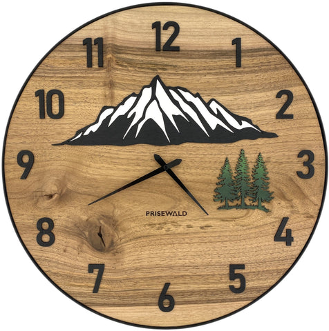 Runde Wanduhr aus Walnussholz, 50 cm, schwarzer Rahmen, arabische Ziffern, Wald, Verschneite Berge