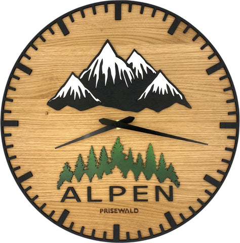 Runde Wanduhr aus Eichenholz, 35 cm, ohne Ring, Teilstriche Ziffern, Wald, schneebedeckte Berge, ALPEN