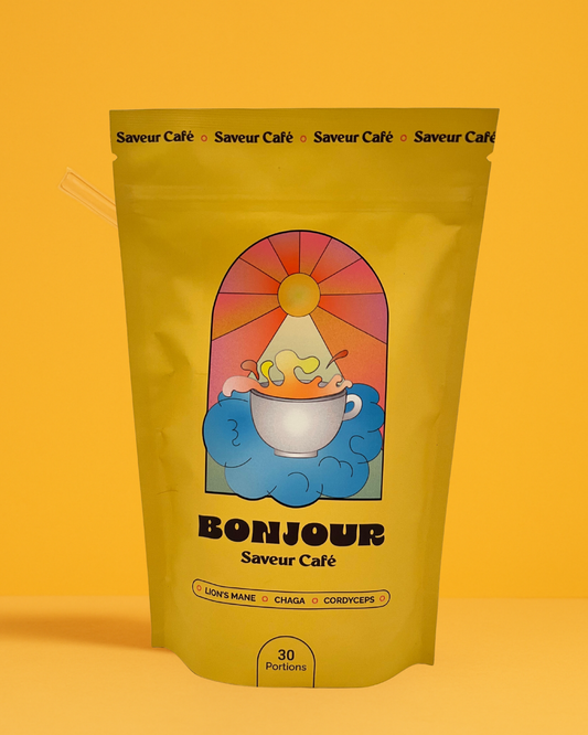 Bonjour – Élixir de Champignon au Café | Légèrement Caffeiné • 2200mg d'Extrêts de Champignons • Végane • 🇫🇷 Fabriqué en France