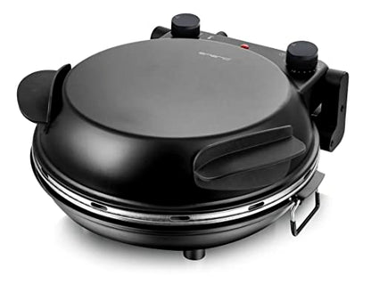 Emerio Pizzaofen, Platte aus feuerfestem Stein, backt Pizza in kurzer Zeit (auch für TK Pizza), 31.5 cm Durchmesser, 1200 Watt, Timer, BPA frei, Pizzaheber aus Edelstahl, PM-129032.2, Schwarz