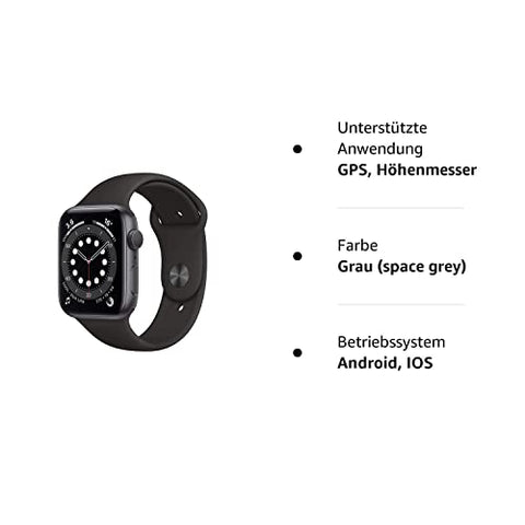 Apple Watch Series 6 (GPS, 44MM) Aluminiumgehäuse Space Grau Schwarz Sportarmband (Generalüberholt)