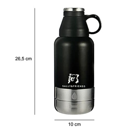 SALLY&FRIENDS Wasserflasche 950ml mit Zwei Näpfen aus Edelstahl,Isoliert, für Unterwegs und Reisen, Hundenapf, Trinkflasche,Thermosflasche,Hundezubehör, Welpentraining