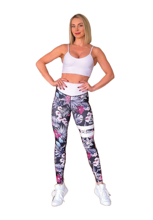 890 Leggings Taille Extra Haute en Noir & Blanc à Fleurs