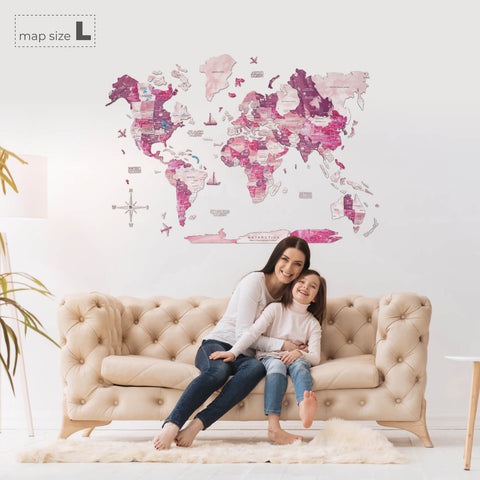 pink wooden world map