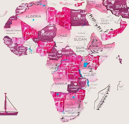 pink wooden world map