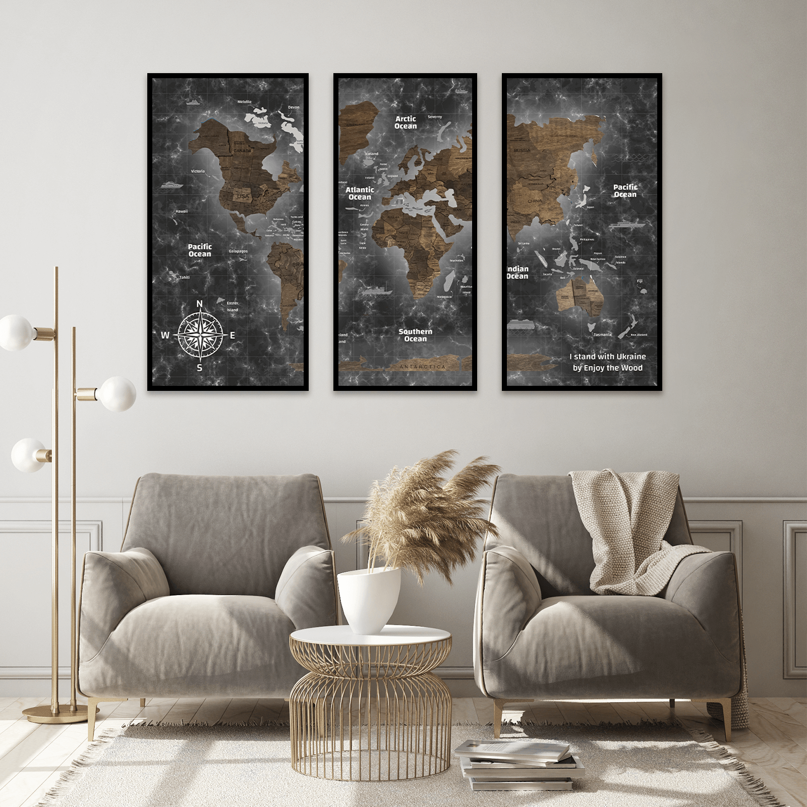 world map triptych