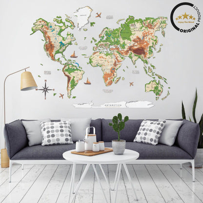 world map painted on wood