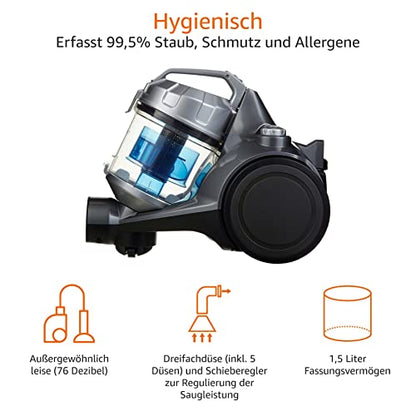 Amazon Basics – Zylinder-Staubsauger, leistungsstark, kompakt und leicht, ohne Beutel, für Hart- und Teppichböden, HEPA-Filter, 700 W, 1,5 l, EU, Schwarz/Blau