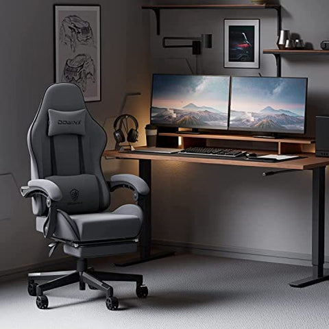 Dowinx Gaming Stuhl Ergonomischer Gamer Stuhl mit Lendenwirbelstütze, Verstellbarer Drehsessel mit Fußstütze (Schwarz)