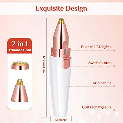 Augenbrauen Rasier, 2 in1 Gesichtshaarentferner Damen, USB Augenbrauen Trimmer, elektrischer Gesichtsepilierer Augenbrauentrimmer, eingebautem LED-Licht, USB Wiederaufladbar