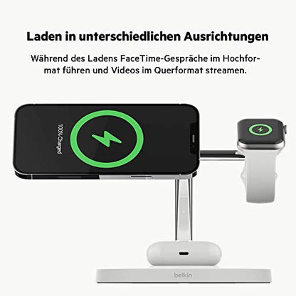 Belkin BoostCharge PRO drahtloses 3-in-1-Ladegerät mit MagSafe für iPhone 14, 13, 12 + Apple Watch + AirPods (lädt iPhone 14-Modelle magnetisch mit bis zu 15 W auf)