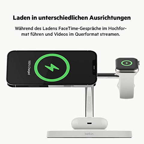 Belkin BoostCharge PRO drahtloses 3-in-1-Ladegerät mit MagSafe für iPhone 14, 13, 12 + Apple Watch + AirPods (lädt iPhone 14-Modelle magnetisch mit bis zu 15 W auf)