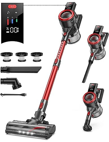 BuTure JR700 33.000Pa, bis zu 50 Min, Kabelloser Staubsauger mit Touch Screen, LED Elektrobürste, Abnehmbarem Akku, Wandhalterung, für Tierhaare, Auto, Rot&schwarz, L
