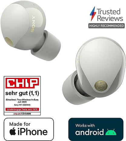 Sony WF-1000XM5 Kabellose Noise Cancelling Kopfhörer, Bluetooth, In-Ear-Kopfhörer, Mikrofon, bis zu 24 Stunden Akkulaufzeit, Schnellladefunktion, IPX4, iOS & Android kompatibel - Silber