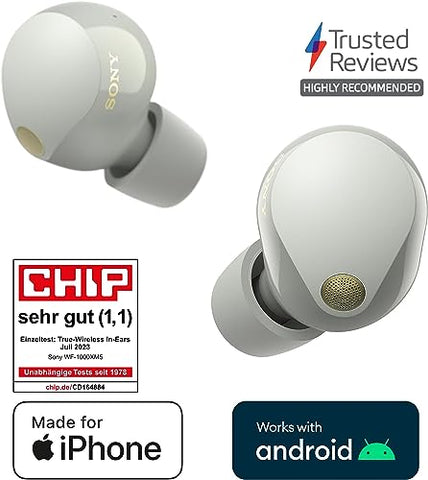 Sony WF-1000XM5 Kabellose Noise Cancelling Kopfhörer, Bluetooth, In-Ear-Kopfhörer, Mikrofon, bis zu 24 Stunden Akkulaufzeit, Schnellladefunktion, IPX4, iOS & Android kompatibel - Silber