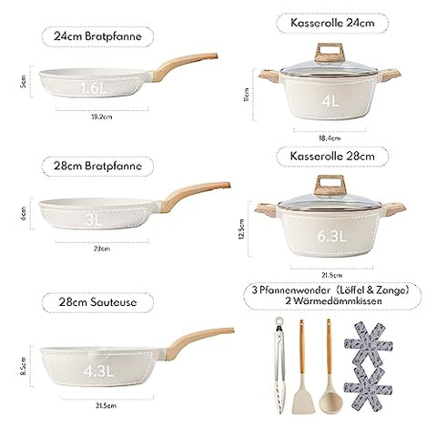 CAROTE Topfsets Pfannenset 12-Teilig,Pfanne 24,28cm,Topf 4/6.3L,Tiefe Bratpfanne 28cm,Antihaft-Beschichtung mit Deckel,Kochgeschirr-Set,Induktionspfanne