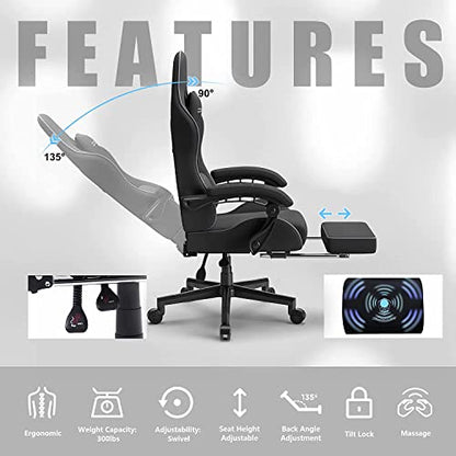 Dowinx Gaming Stuhl Ergonomischer Gamer Stuhl mit Lendenwirbelstütze, Verstellbarer Drehsessel mit Fußstütze (Schwarz)