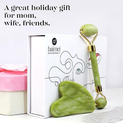 BAIMEI Gua Sha und Face Roller Tool, Jade Roller Gesichts- und Nackenmassagegerät, Gua Sha beruhigt und entspannt die Haut, verbessert Augenschwellungen