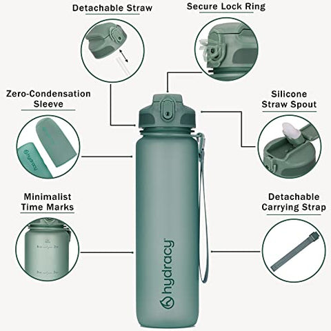 Hydracy Trinkflasche mit Strohhalm und Zeitmarkierung - 1Liter BPA-Frei Auslaufsicher Sportflasche - Kondenswasserfrei Wasserflasche - Ideal für Sport und Outdooraktivität - Mondlichtgrün
