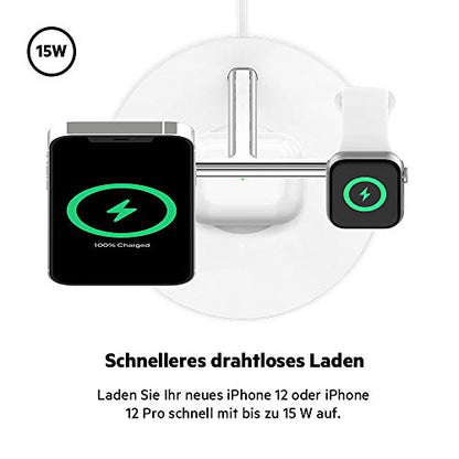 Belkin BoostCharge PRO drahtloses 3-in-1-Ladegerät mit MagSafe für iPhone 14, 13, 12 + Apple Watch + AirPods (lädt iPhone 14-Modelle magnetisch mit bis zu 15 W auf)