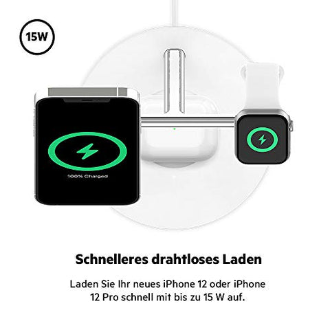 Belkin BoostCharge PRO drahtloses 3-in-1-Ladegerät mit MagSafe für iPhone 14, 13, 12 + Apple Watch + AirPods (lädt iPhone 14-Modelle magnetisch mit bis zu 15 W auf)