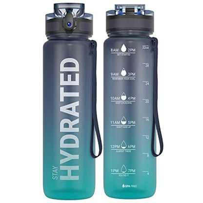Trinkflasche, 1L BPA-Frei Tritan Wasserflasche mit Strohhalm, Trinkflasche Sport Auslaufsicher mit Zeitmarkierung und Bürste, Sportflasche für Fitness, Schule, Yoga, Outdoor(1 Flasche)