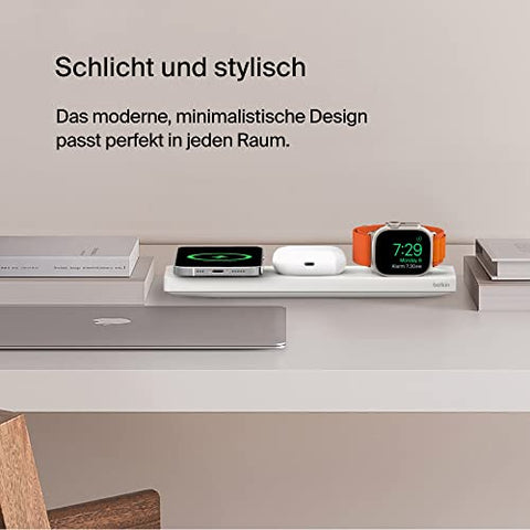 Belkin MagSafe drahtloses 3-in-1-Ladegerät, MFi-zertifiziertes Ladepad für die iPhone 14/14 Plus, iPhone 13 und 12-Serie Pro, Pro Max, mini, Apple Watch 8, 7, 6, Ultra und älter, AirPods 3, 2, Pro