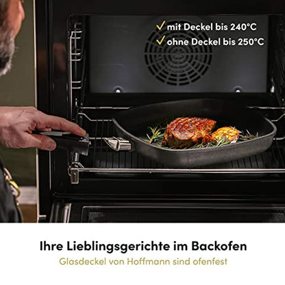 Hoffmann Aluguss Pfanne 28x28 cm Induktion viereckig Hoher Rand I Schmorpfanne Innenhöhe 6 cm I Viereckpfanne beschichtet I Eckpfanne Antihaft Rechteckpfanne Glasdeckel