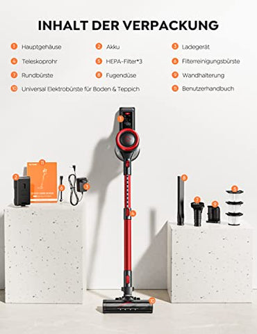 BuTure JR700 33.000Pa, bis zu 50 Min, Kabelloser Staubsauger mit Touch Screen, LED Elektrobürste, Abnehmbarem Akku, Wandhalterung, für Tierhaare, Auto, Rot&schwarz, L