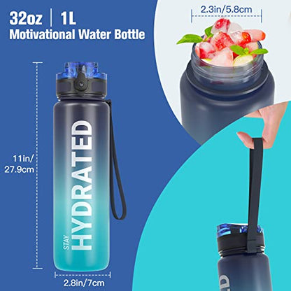 Trinkflasche, 1L BPA-Frei Tritan Wasserflasche mit Strohhalm, Trinkflasche Sport Auslaufsicher mit Zeitmarkierung und Bürste, Sportflasche für Fitness, Schule, Yoga, Outdoor(1 Flasche)