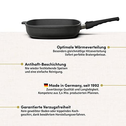 Hoffmann Aluguss Pfanne 28x28 cm Induktion viereckig Hoher Rand I Schmorpfanne Innenhöhe 6 cm I Viereckpfanne beschichtet I Eckpfanne Antihaft Rechteckpfanne Glasdeckel