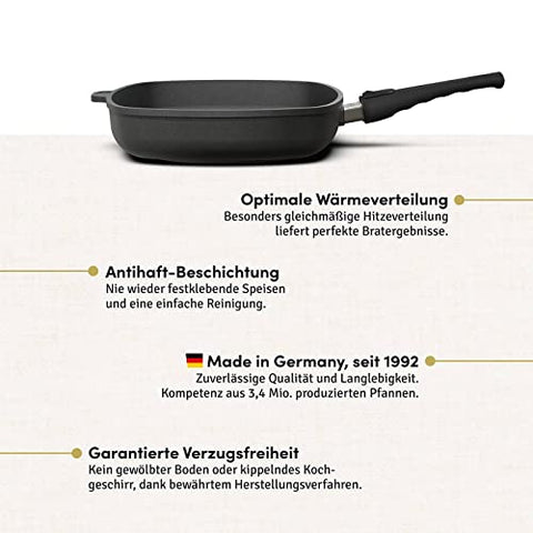 Hoffmann Aluguss Pfanne 28x28 cm Induktion viereckig Hoher Rand I Schmorpfanne Innenhöhe 6 cm I Viereckpfanne beschichtet I Eckpfanne Antihaft Rechteckpfanne Glasdeckel