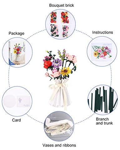 Birshe Blumensträuße Blumenstrauß Bausteine Künstliche Blumen Icons Sukkulenten für Inneneinrichtung Dekoblumen Kinderspielzeug zum Basteln für Erwachsene, Geschenk für Sie & Ihn, Botanical Collection